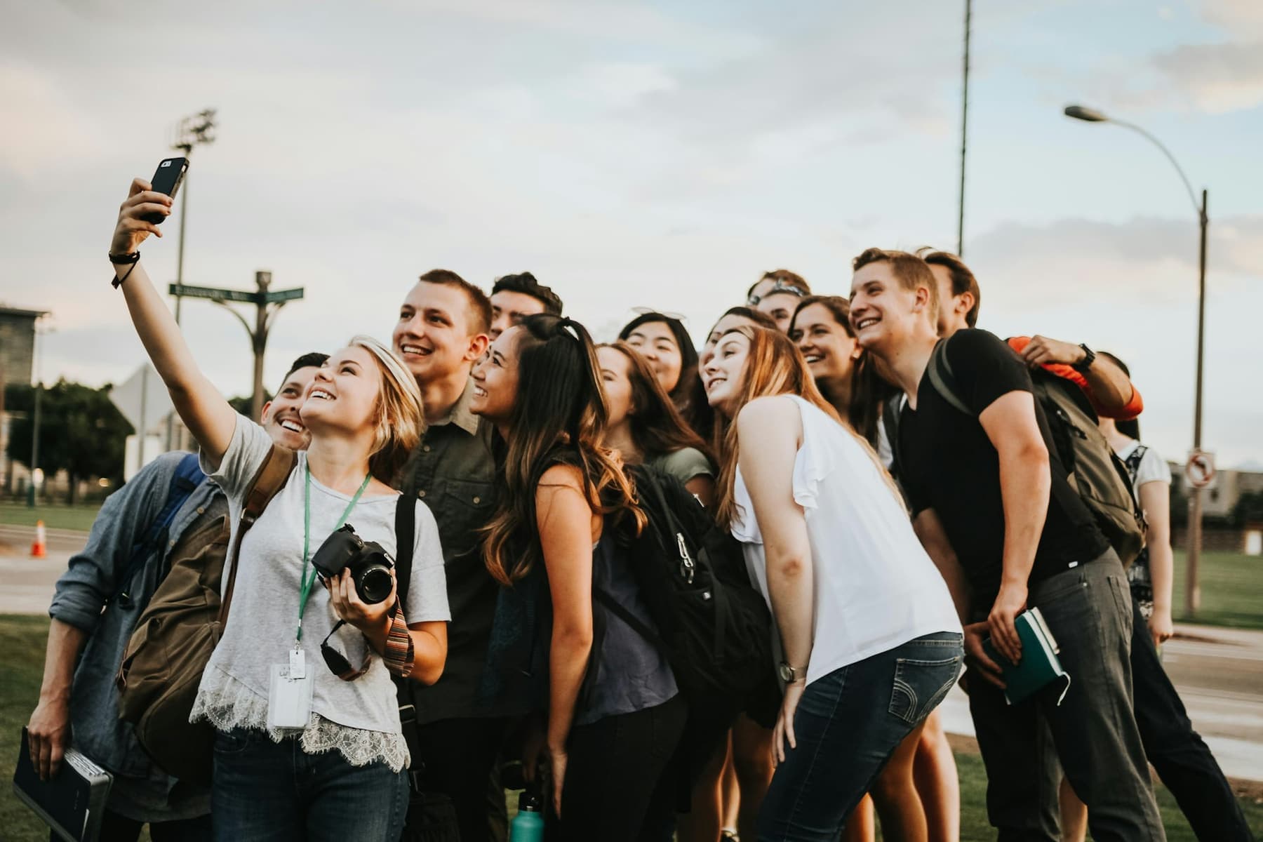 A group of students crowded together for a photo